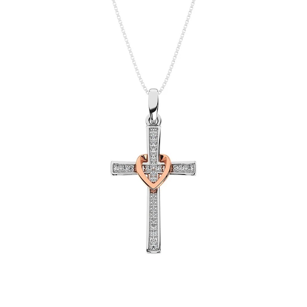 10K White Gold 1/10 Ct.Tw. Diamond Cross Pendant with Rose Gold Heart