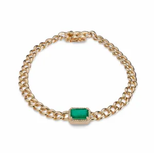 14K Gold Emerald and Diamond Cuban Chain Bracelet