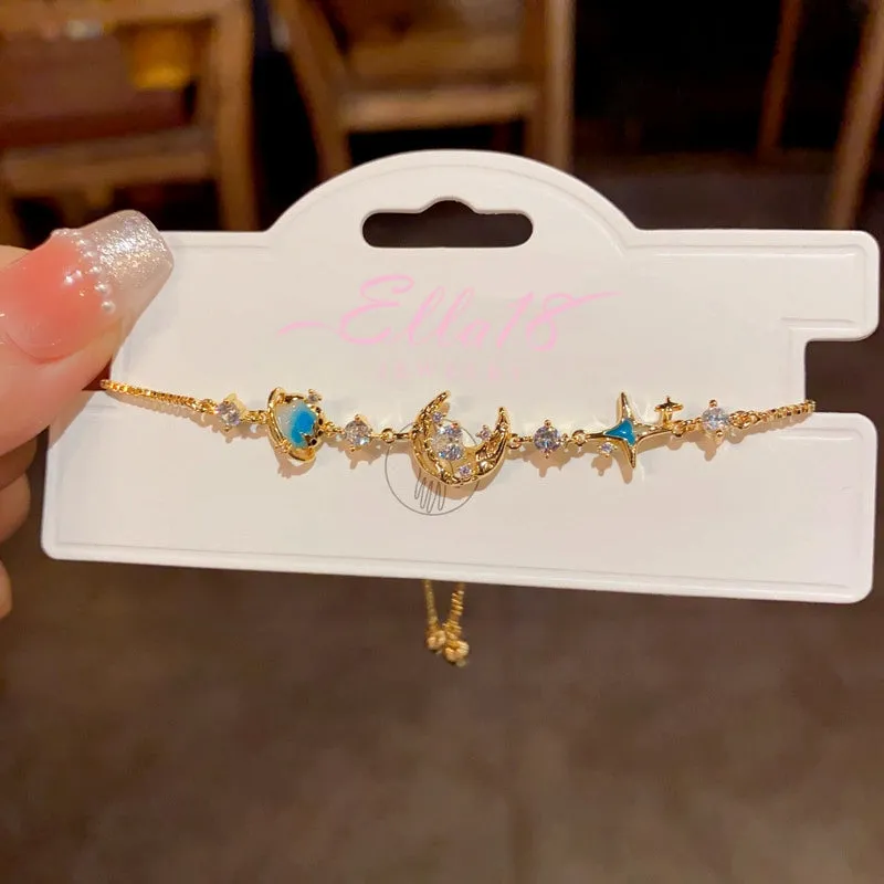 14K Gold-plated Exquisite Diamond Blue Star And Moon Bracelet