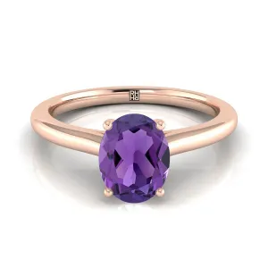 14K Rose Gold Oval Amethyst Pinched Comfort Fit Claw Prong Solitaire Engagement Ring