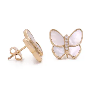 14K Yellow Gold Fashion Mother of Pearl Butterflies Earrings