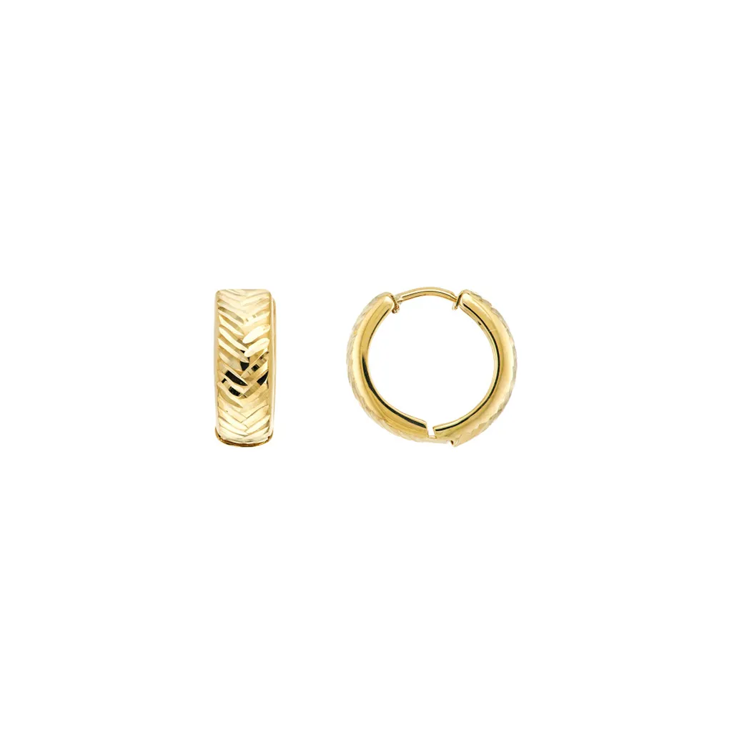 14K Yellow Gold Herringbone Textured Huggie Hoop Earrings