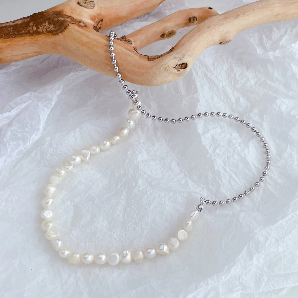 36cm-45cm Mixed Bead Chain & Freshwater Pearl Choker Necklace