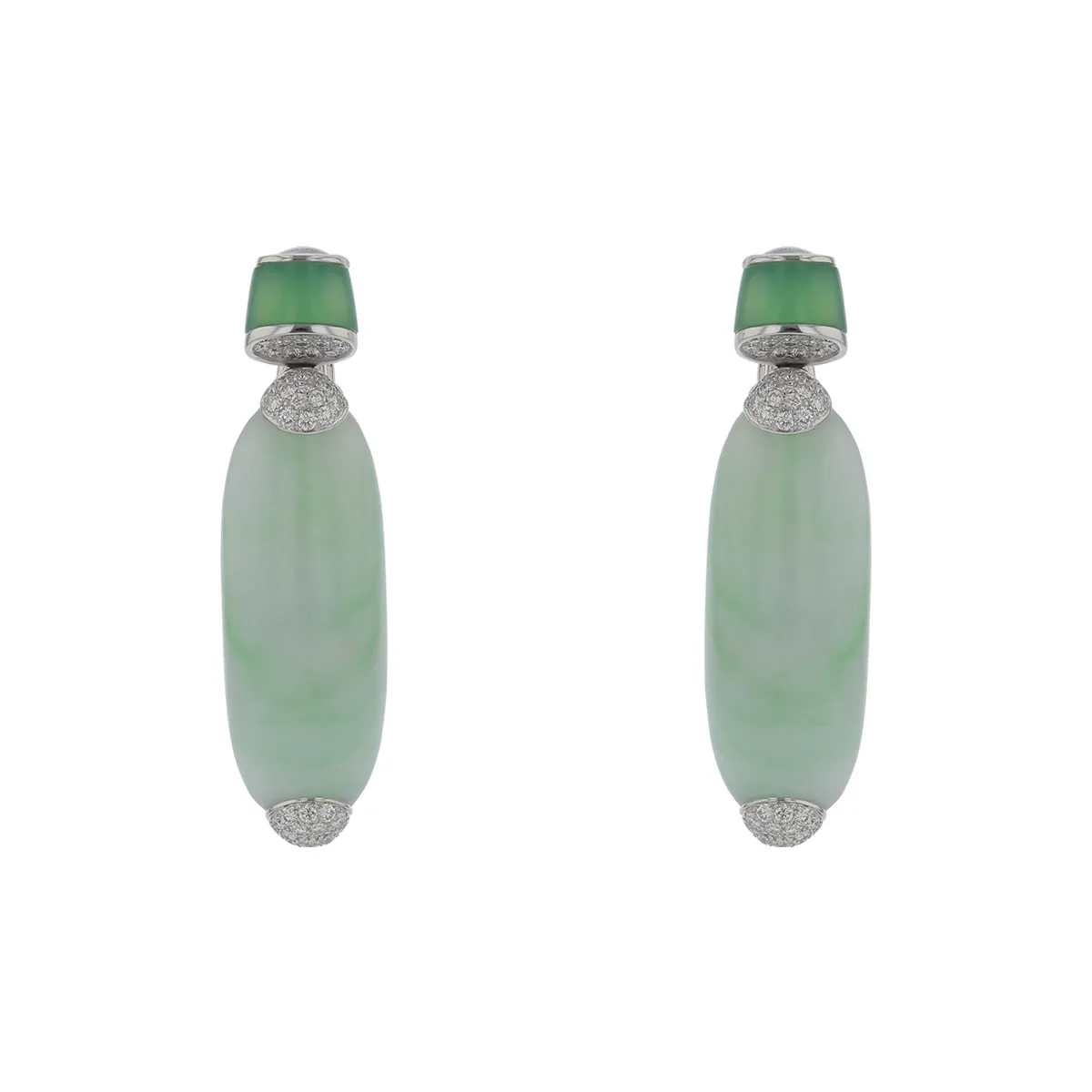 67.89ct Jade, 3.27ct Chrysoberyl and 1.27ct Diamonds Drop Earrings in 18K White Gold