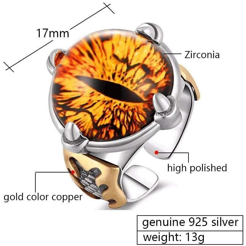 925 Silver Adjustable Yellow Cubic Zirconia Ring Men Vintage Big Stone Punk Rings For Women Sterling Silver Female Jewelry (Resizable)