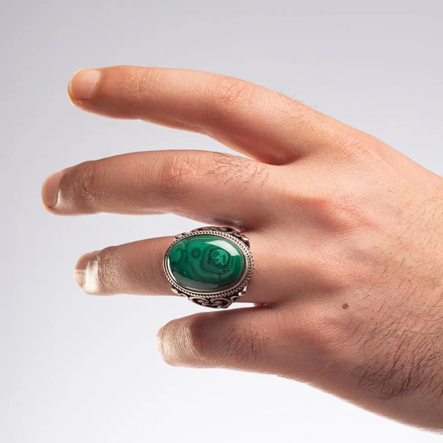 925 Sterling Silver Men's Green Malachite Stone Ring Men's Ring with Stone Quality Silver Malachite Ring