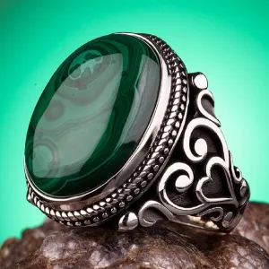 925 Sterling Silver Men's Green Malachite Stone Ring Men's Ring with Stone Quality Silver Malachite Ring