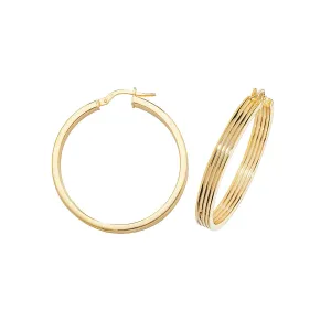 9K Yellow Gold 30mm Ridged Hoop Earrings