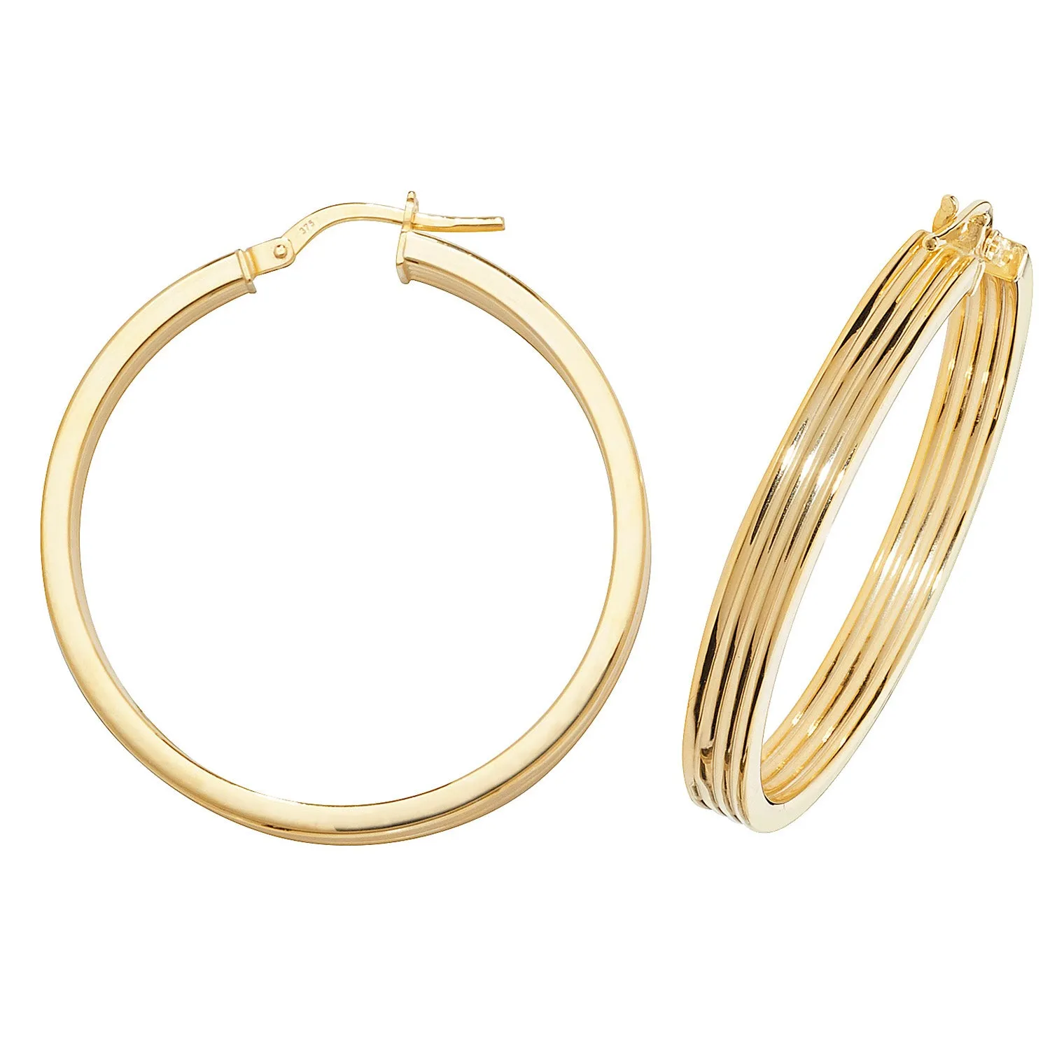 9K Yellow Gold 30mm Ridged Hoop Earrings