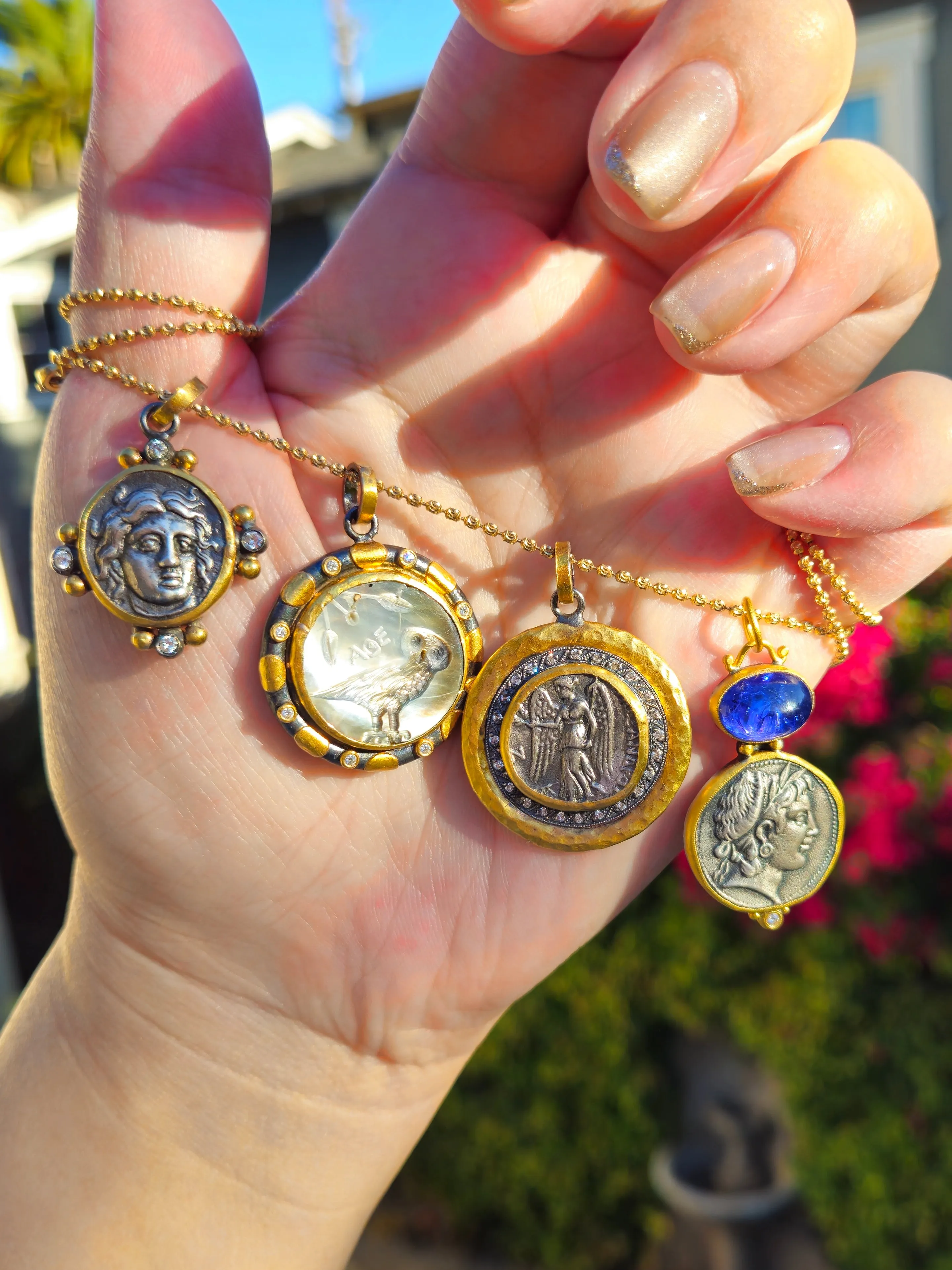 Ancient Coin Replica Nymph Deity Tanzanite Gemstone Cabochon Pendant in Sterling Silver 24K Yellow Gold Pendant