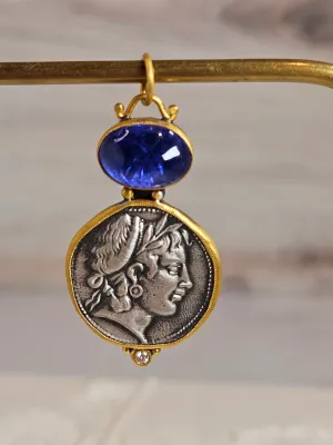 Ancient Coin Replica Nymph Deity Tanzanite Gemstone Cabochon Pendant in Sterling Silver 24K Yellow Gold Pendant