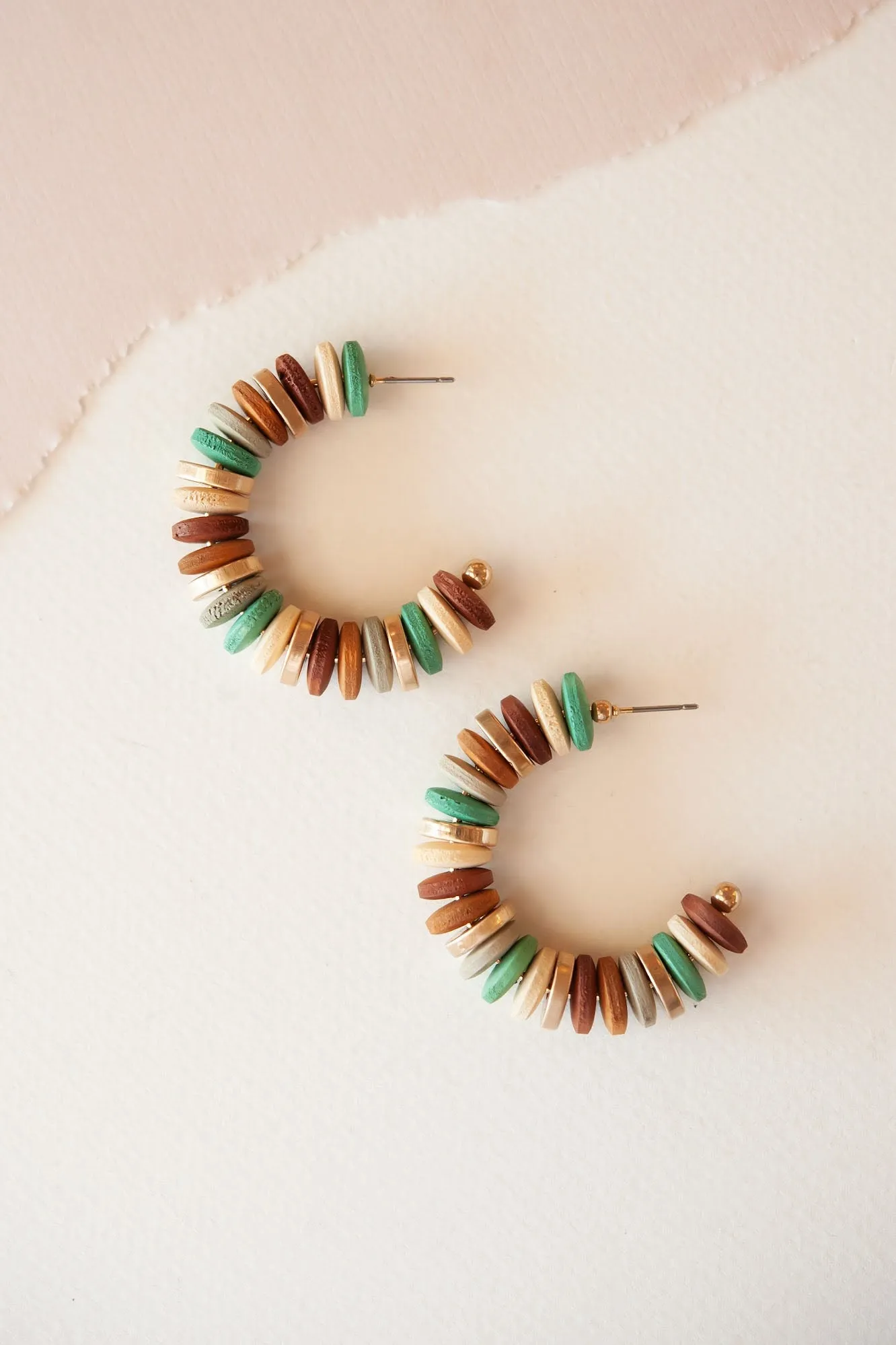 Angel Gold and Wood Hoop | Boho Teak Disc Beaded Earrings