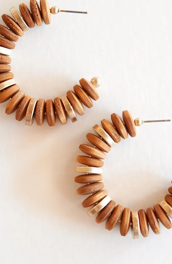 Angel Gold and Wood Hoop | Boho Teak Disc Beaded Earrings