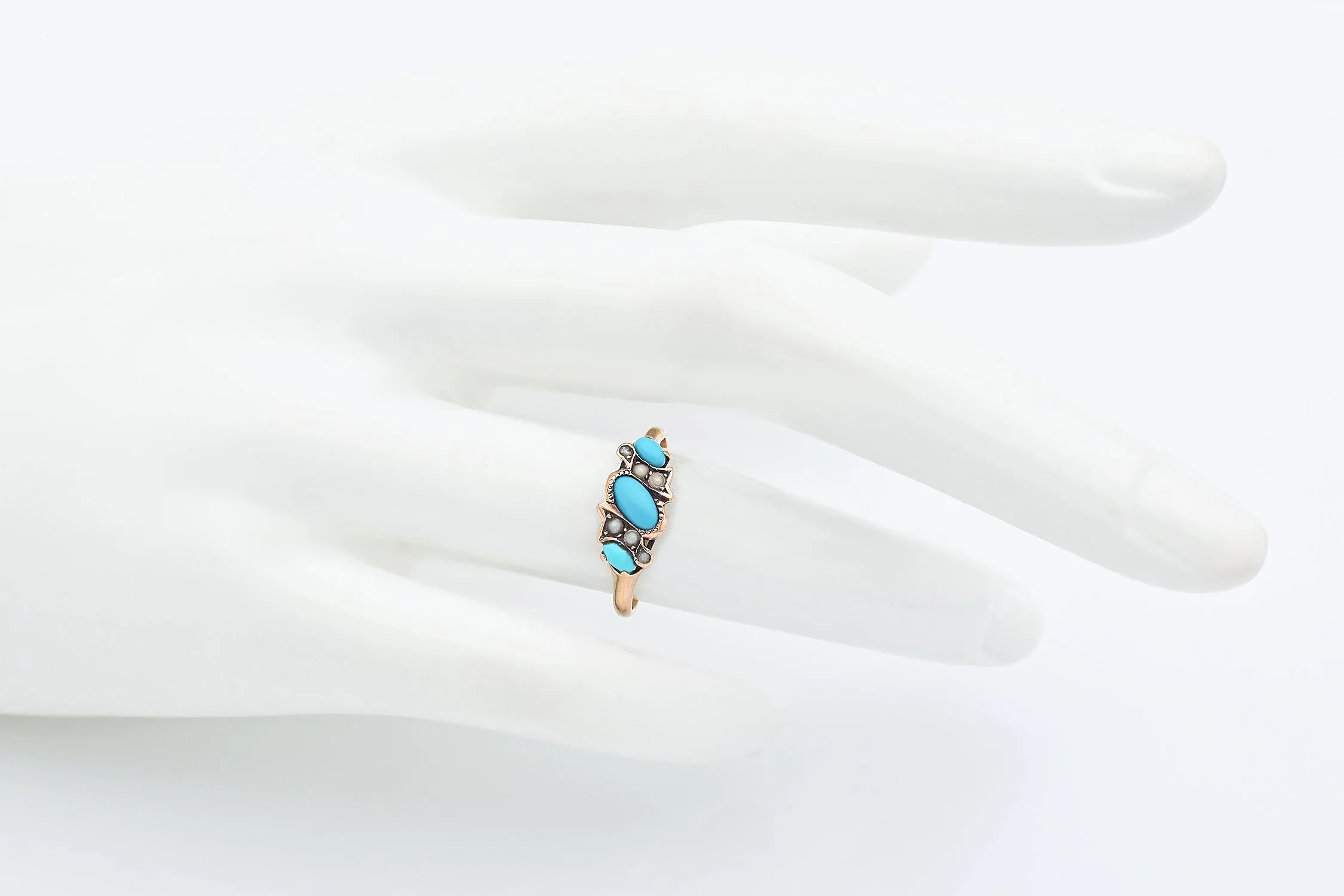 Antique 8K Yellow Gold Turquoise & Seed Pearl Band Ring Size 5.75