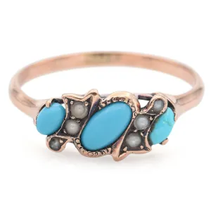 Antique 8K Yellow Gold Turquoise & Seed Pearl Band Ring Size 5.75