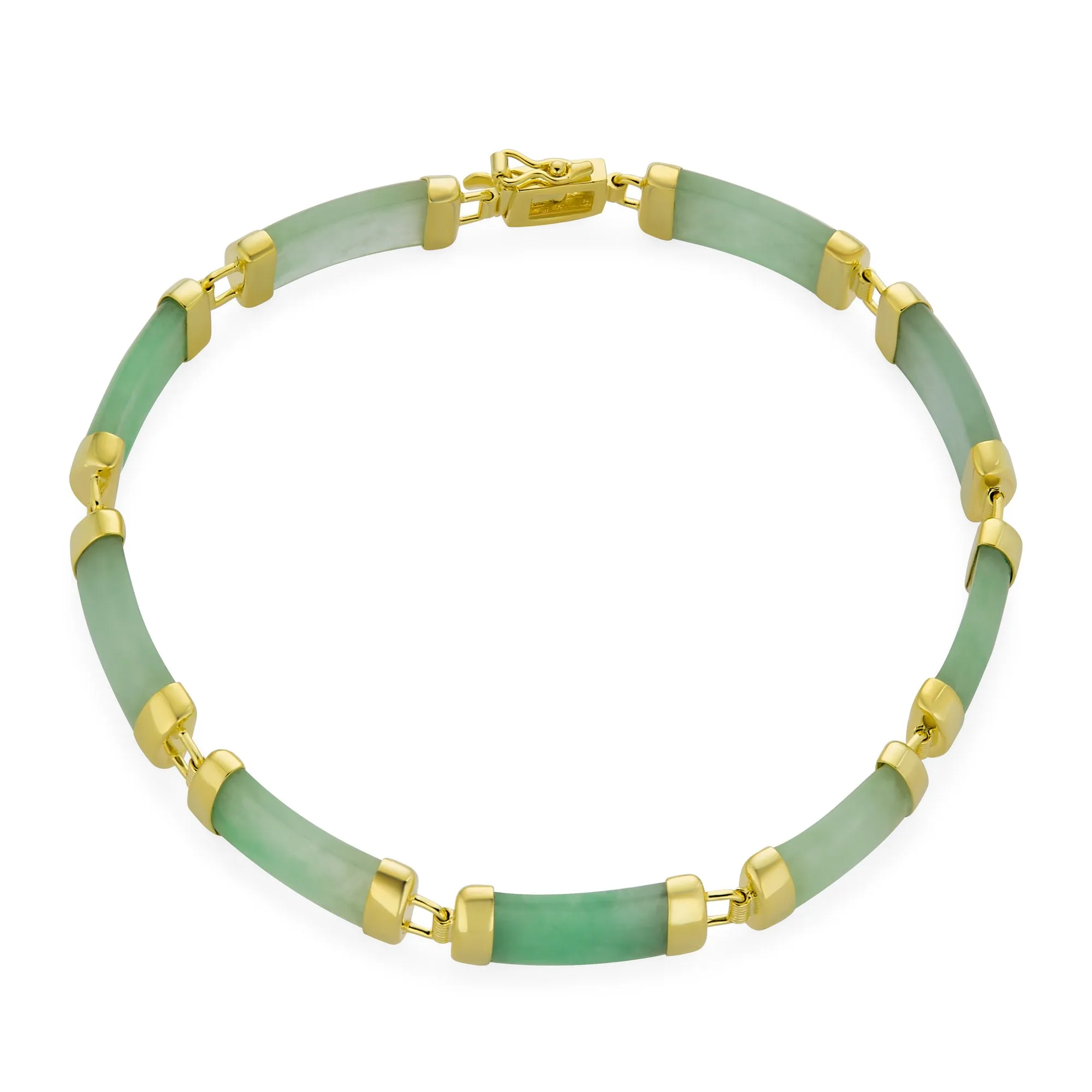 Asian Style Gemstone Chain Link Bracelet with Onyx & Jade 14K Gold Plated 7.5"