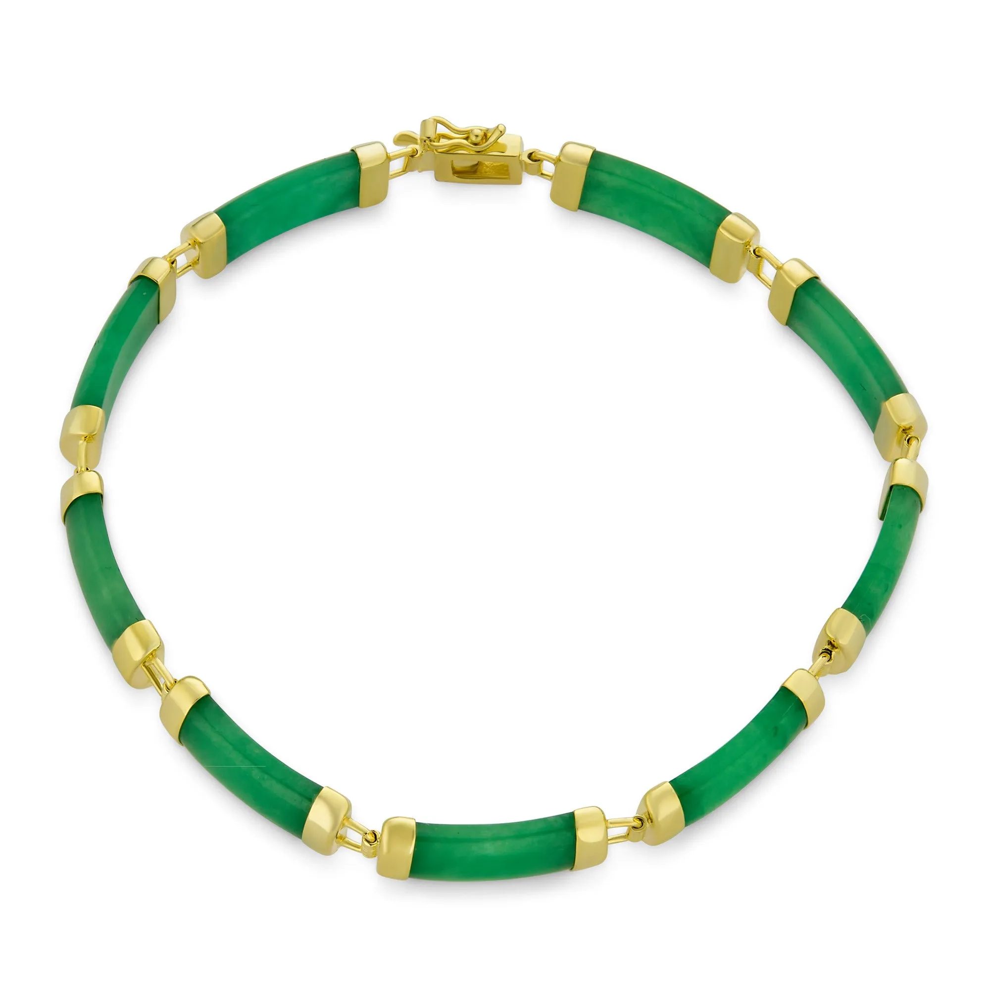 Asian Style Gemstone Chain Link Bracelet with Onyx & Jade 14K Gold Plated 7.5"