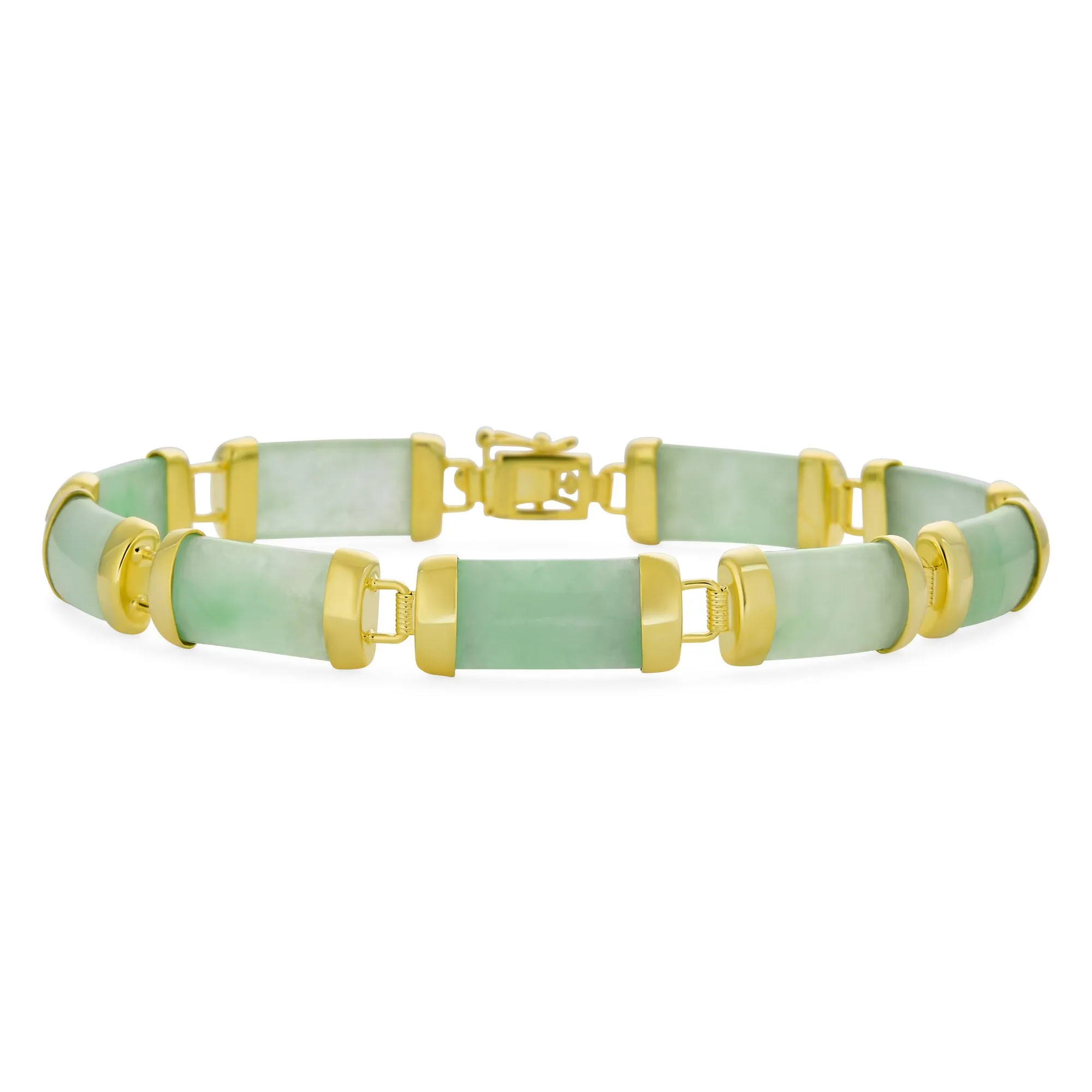 Asian Style Gemstone Chain Link Bracelet with Onyx & Jade 14K Gold Plated 7.5"