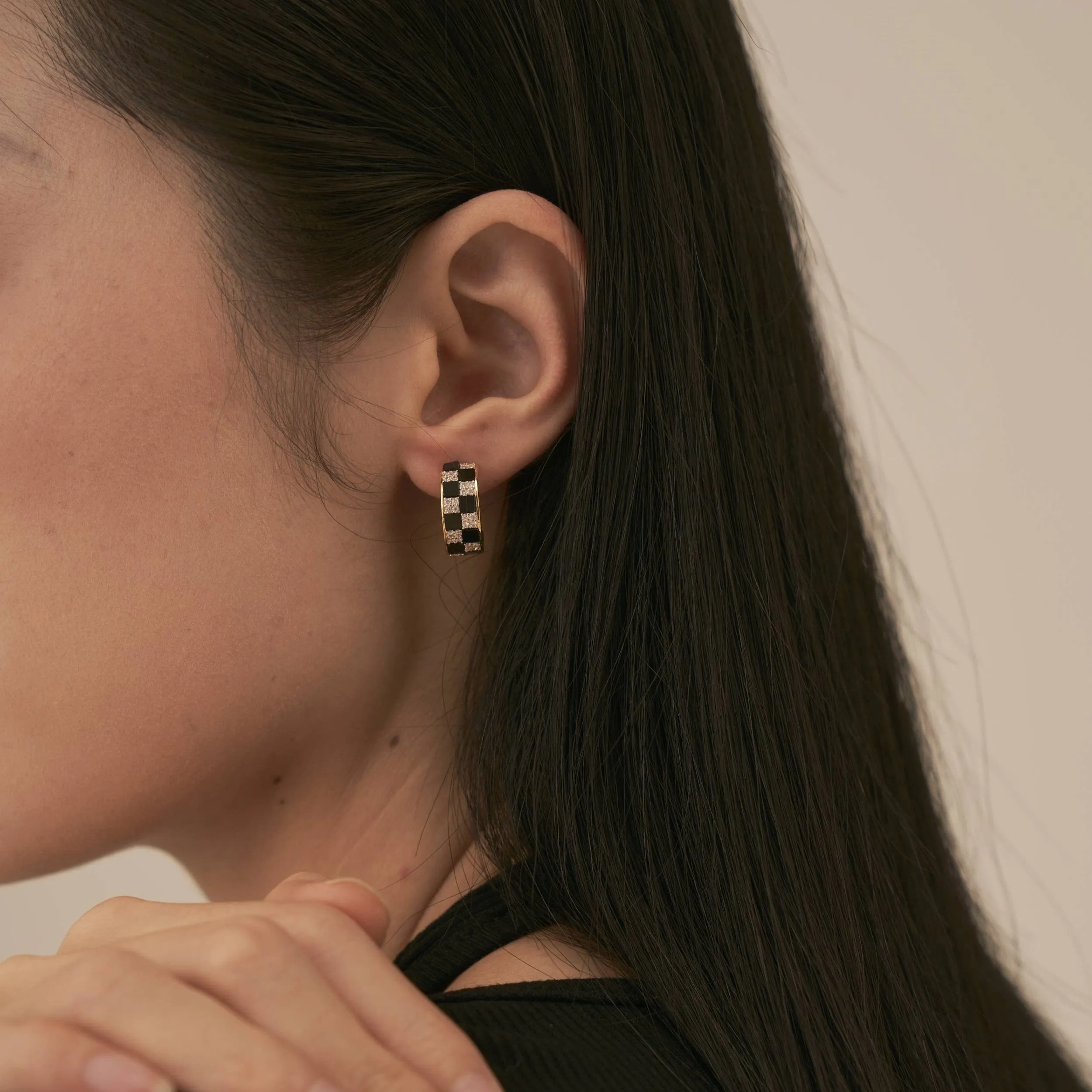 Black and White Checkerboard Gold Hoop Earrings