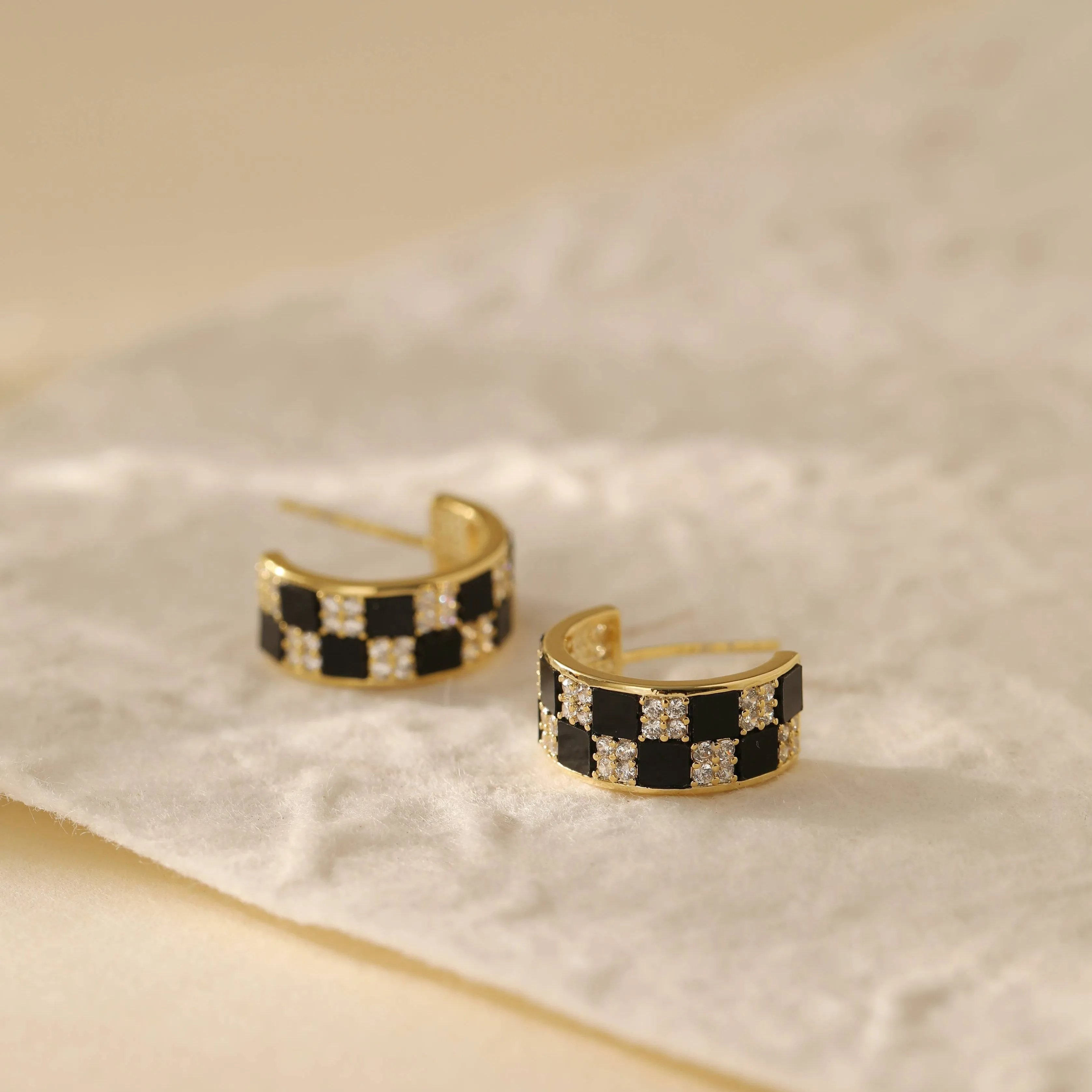 Black and White Checkerboard Gold Hoop Earrings