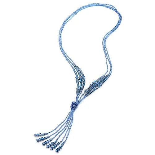 Boho Chic Lariat Necklace Tassel Pendant Pastel Blue Crystal Bead Three-strand Long Chain Y-Shape