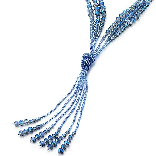 Boho Chic Lariat Necklace Tassel Pendant Pastel Blue Crystal Bead Three-strand Long Chain Y-Shape