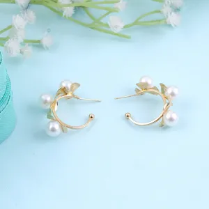 Brass Gold Cotton Shape Pearl Hoop Earrings