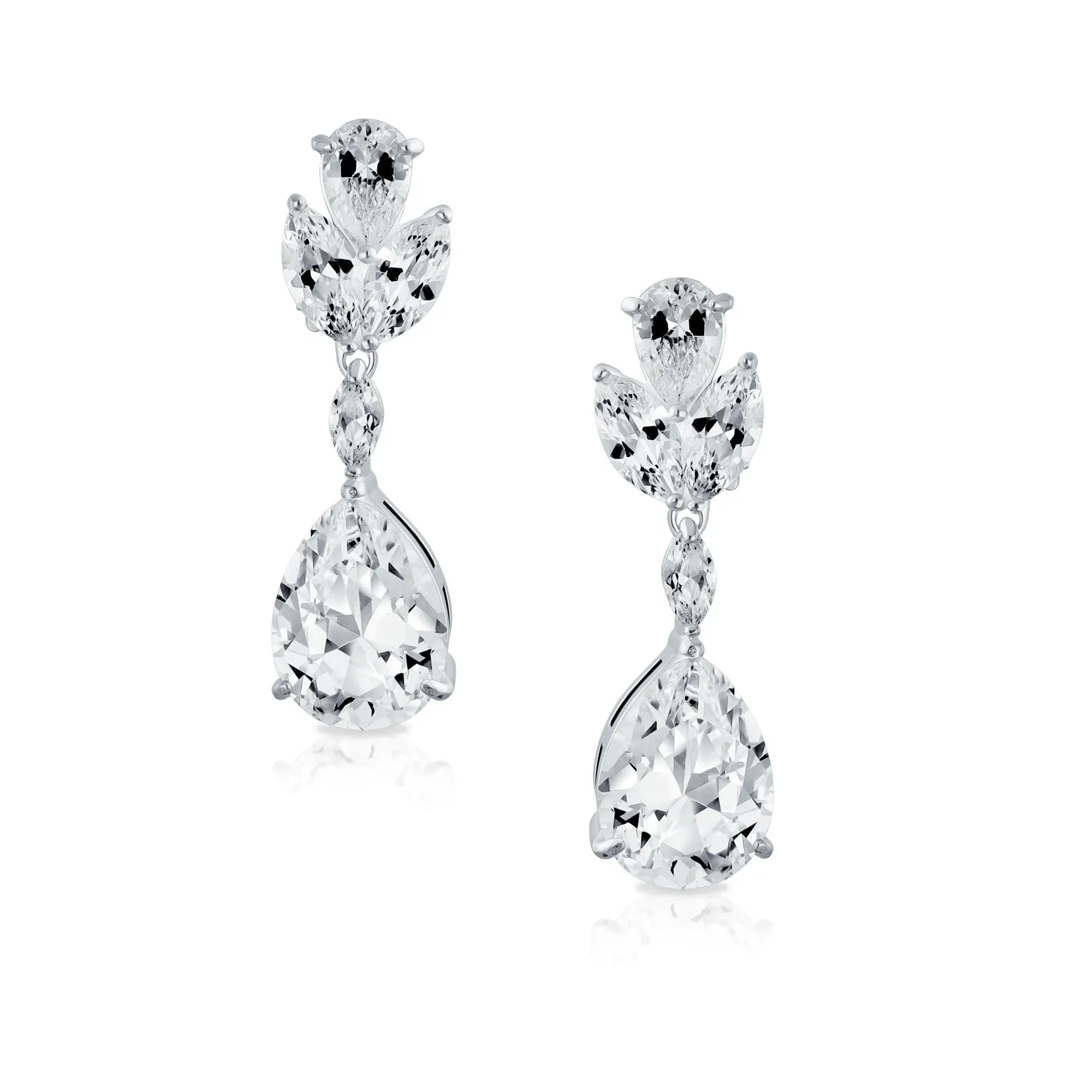 Bridal CZ Teardrop Dangle Clip-On Earrings for Prom Silver Plated Brass