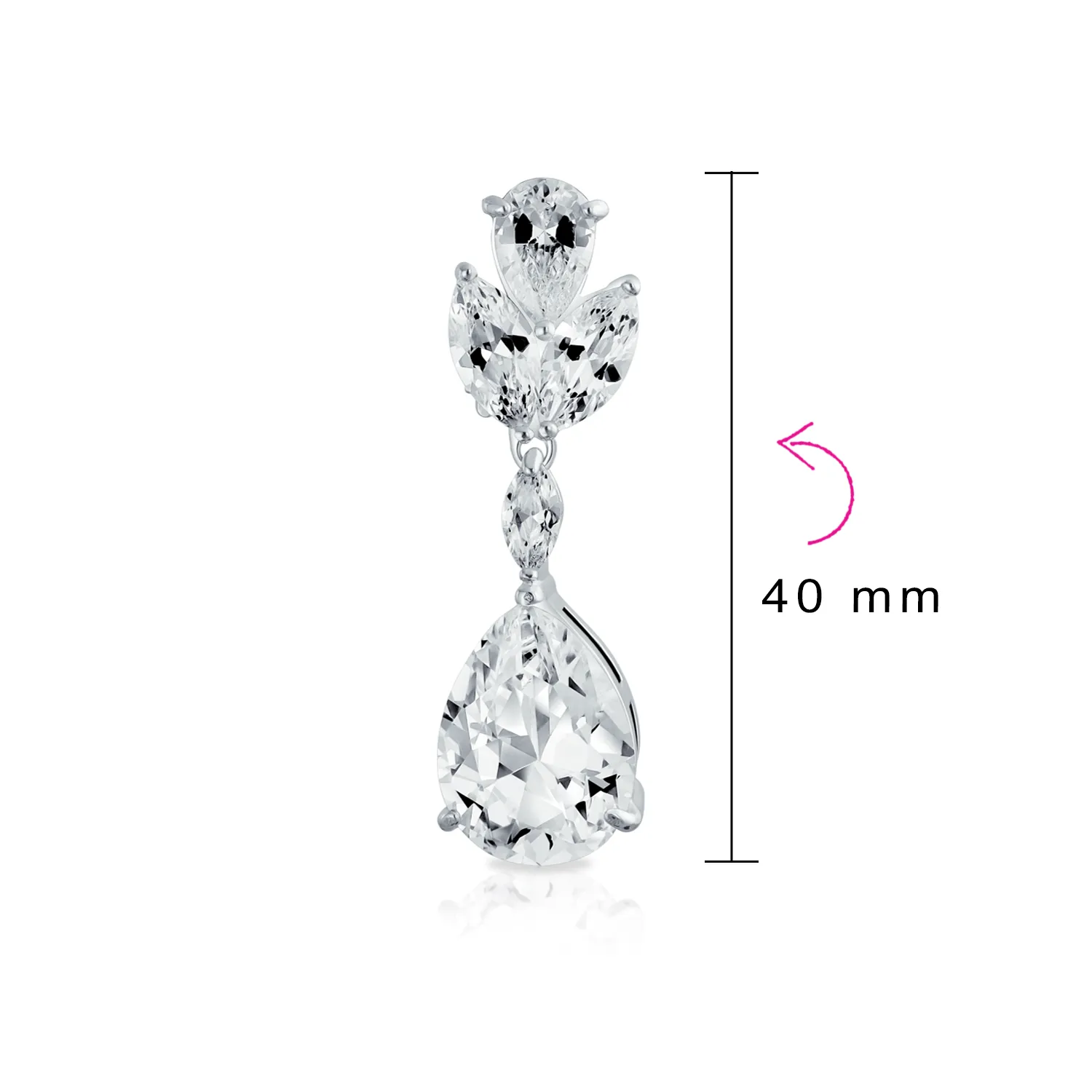 Bridal CZ Teardrop Dangle Clip-On Earrings for Prom Silver Plated Brass