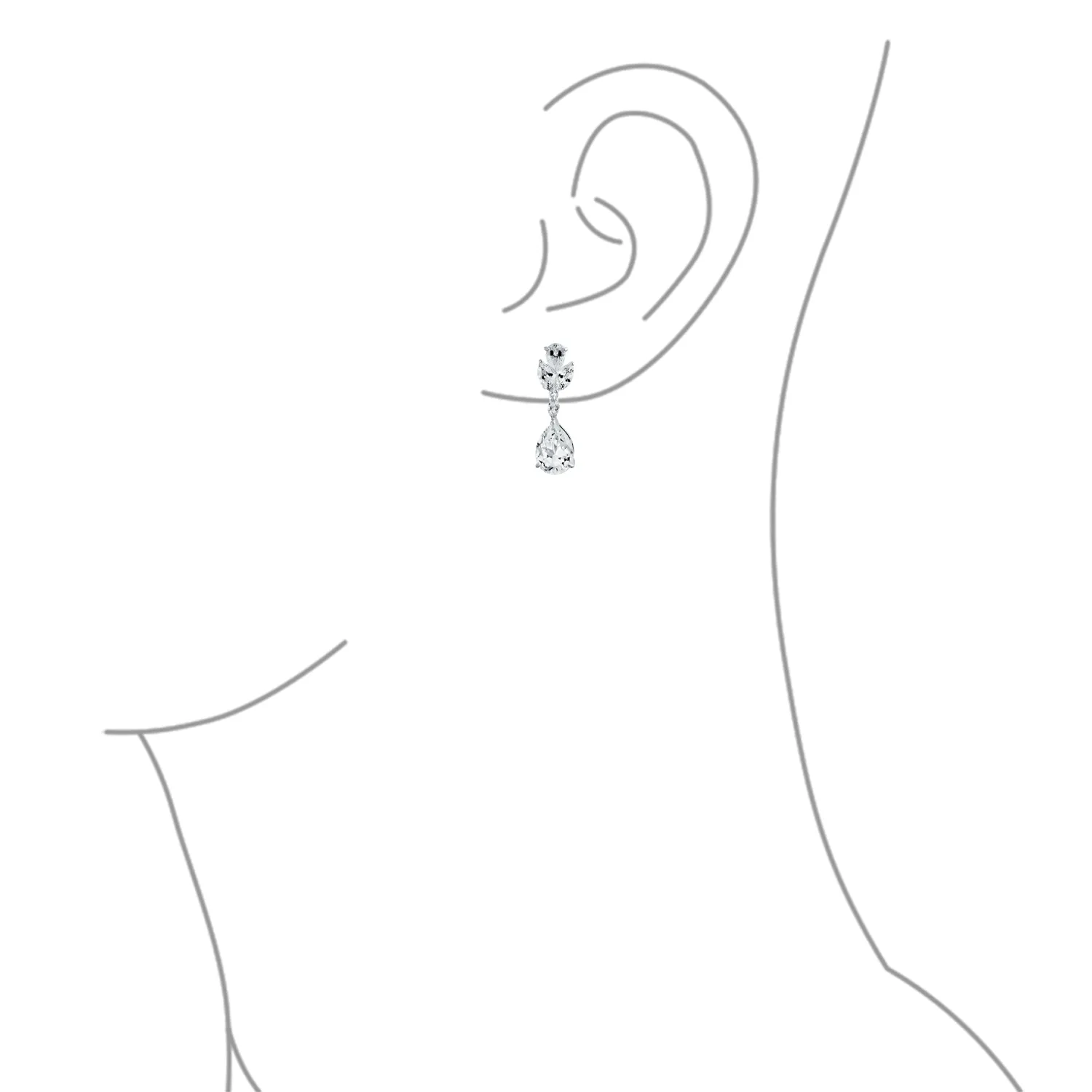 Bridal CZ Teardrop Dangle Clip-On Earrings for Prom Silver Plated Brass