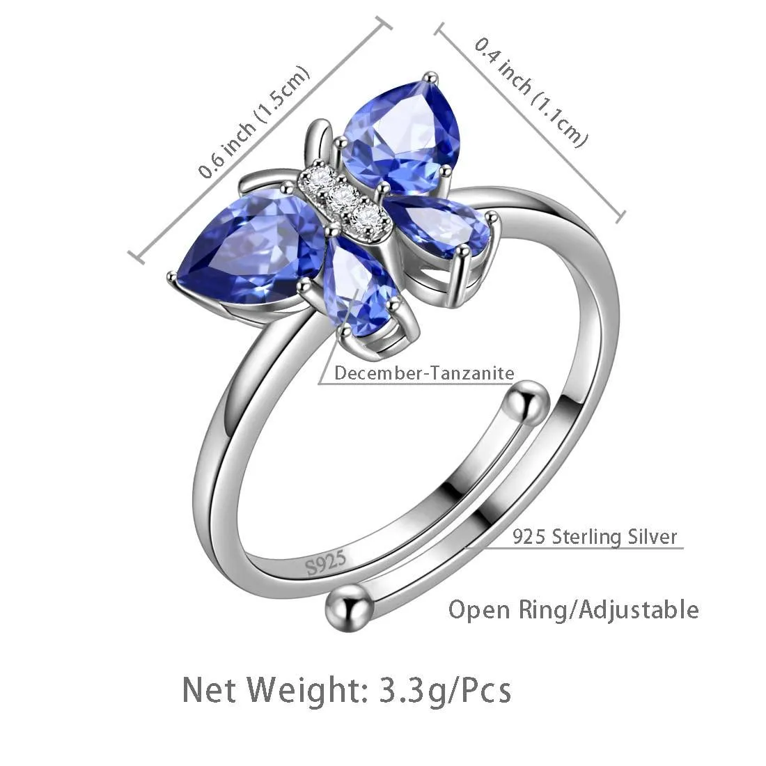 Butterfly Ring Band Birthstone December Tanzanite Women Girls Jewelry Birthday Gift