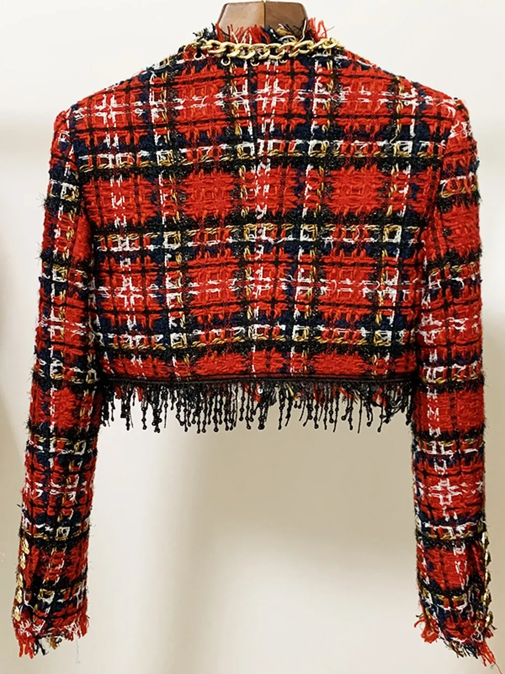 Chains Fringed Plaid Tweed Crop Jacket