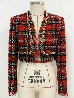 Chains Fringed Plaid Tweed Crop Jacket