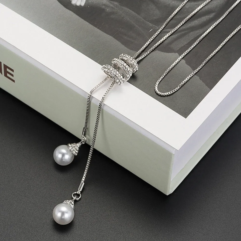 CHIC, MINIMALIST SHINE! Rhinestone Chain Elegant Long Pendant Jewelry Fashion Pearl. Good Party Look!