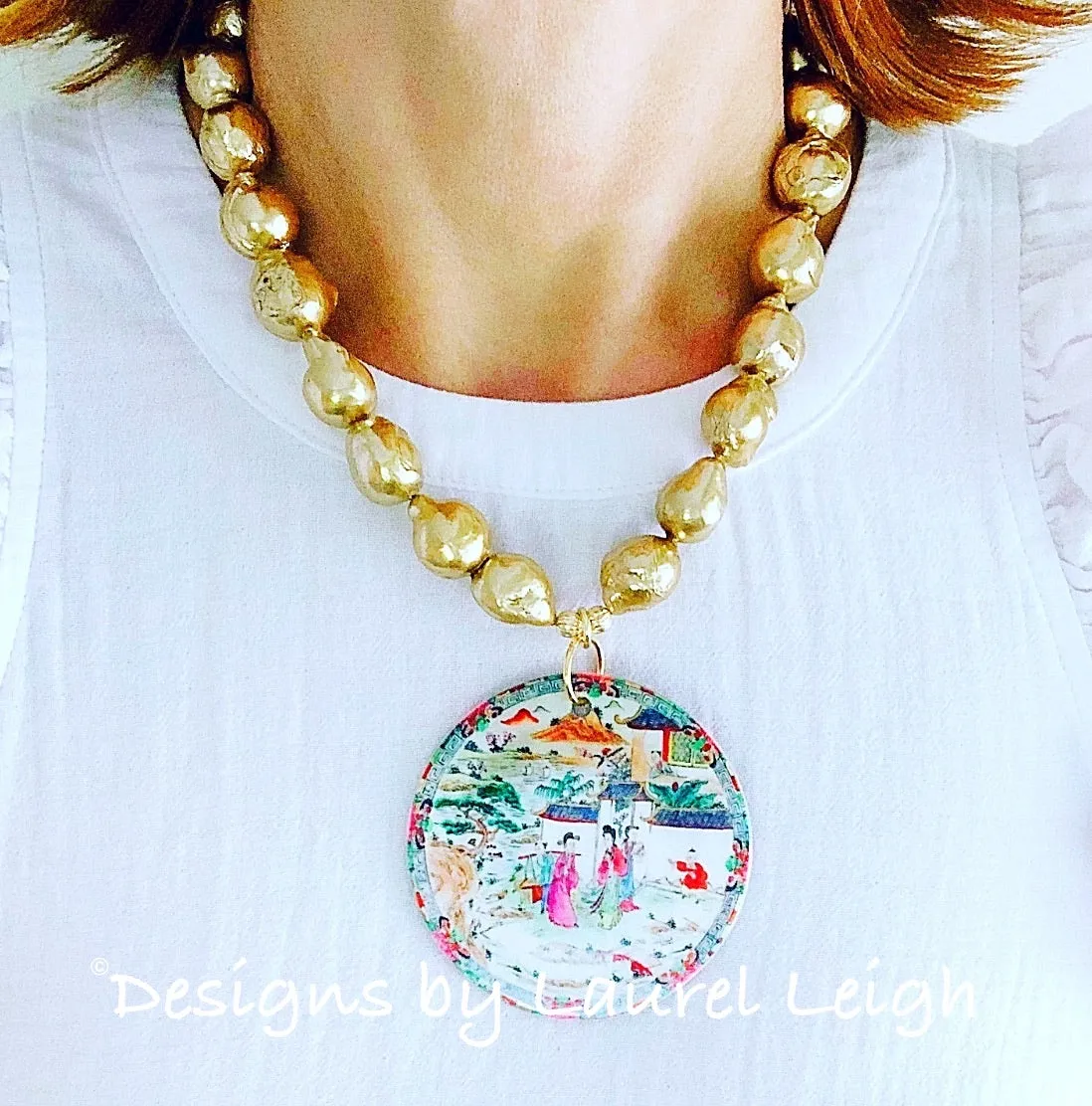 Chinoiserie Chic Pendant Necklace - Gold Baroque Pearls