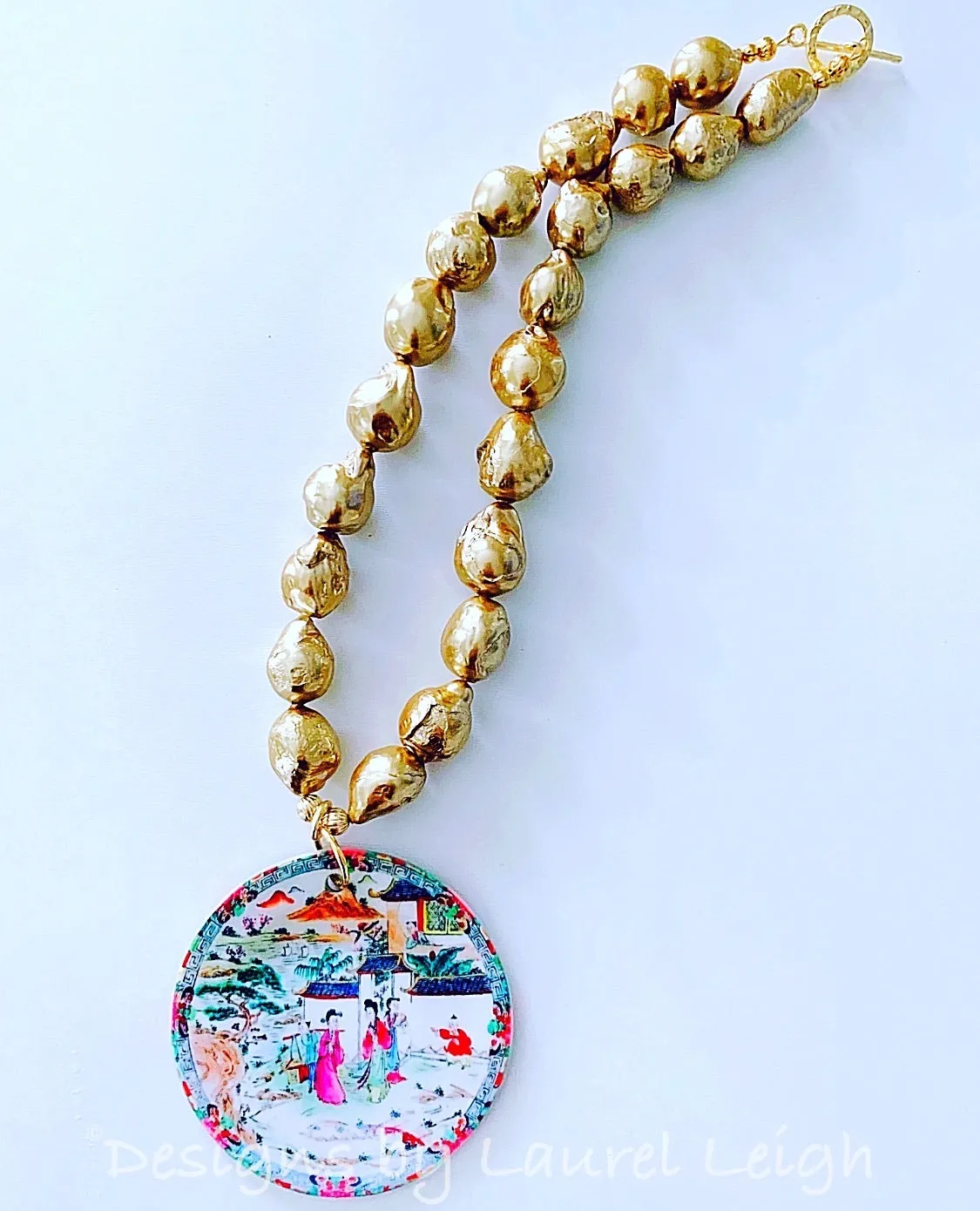 Chinoiserie Chic Pendant Necklace - Gold Baroque Pearls