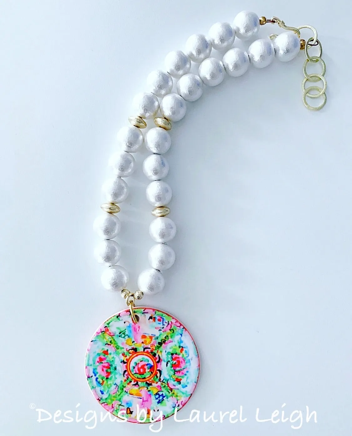 Chinoiserie Rose Medallion Pendant Pearl Necklace