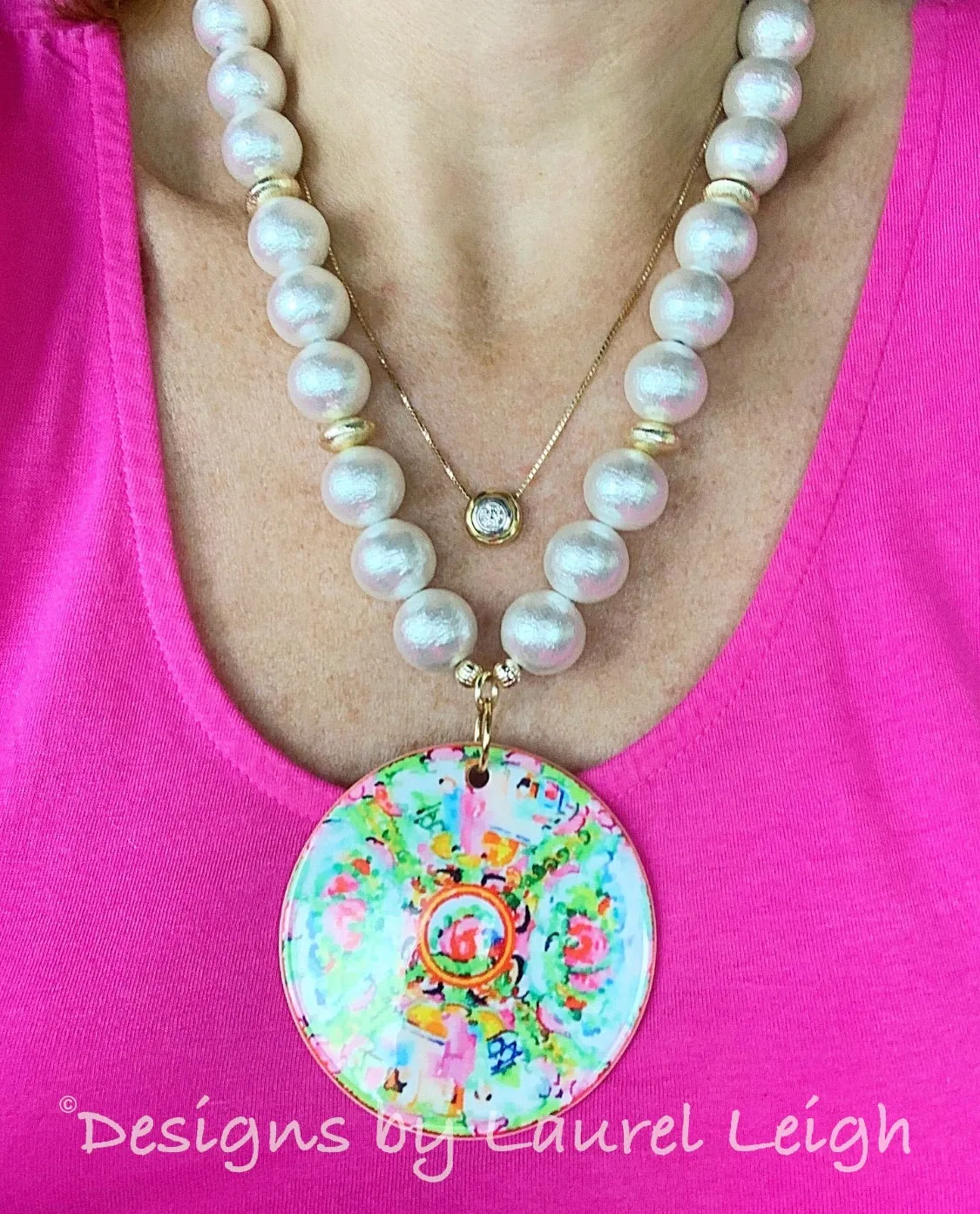 Chinoiserie Rose Medallion Pendant Pearl Necklace