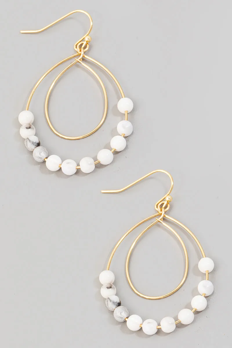 Double Teardrop White Marble Beaded Earrings in Gold