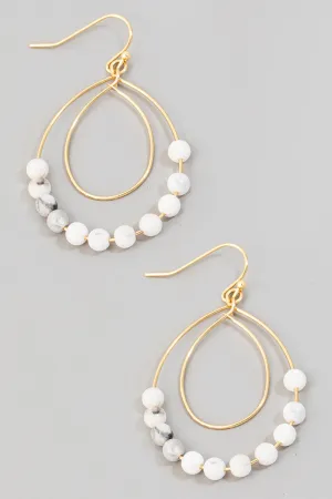 Double Teardrop White Marble Beaded Earrings in Gold