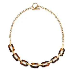 Fashion Golden Brown Oval Link Faux Tortoise Shell Necklace 14K Gold Plated Chain