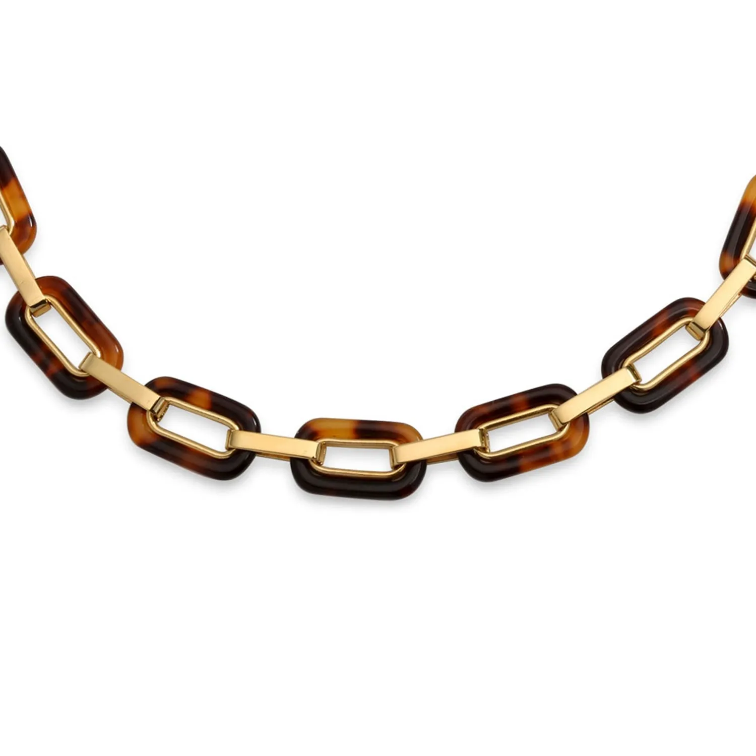 Fashion Golden Brown Oval Link Faux Tortoise Shell Necklace 14K Gold Plated Chain