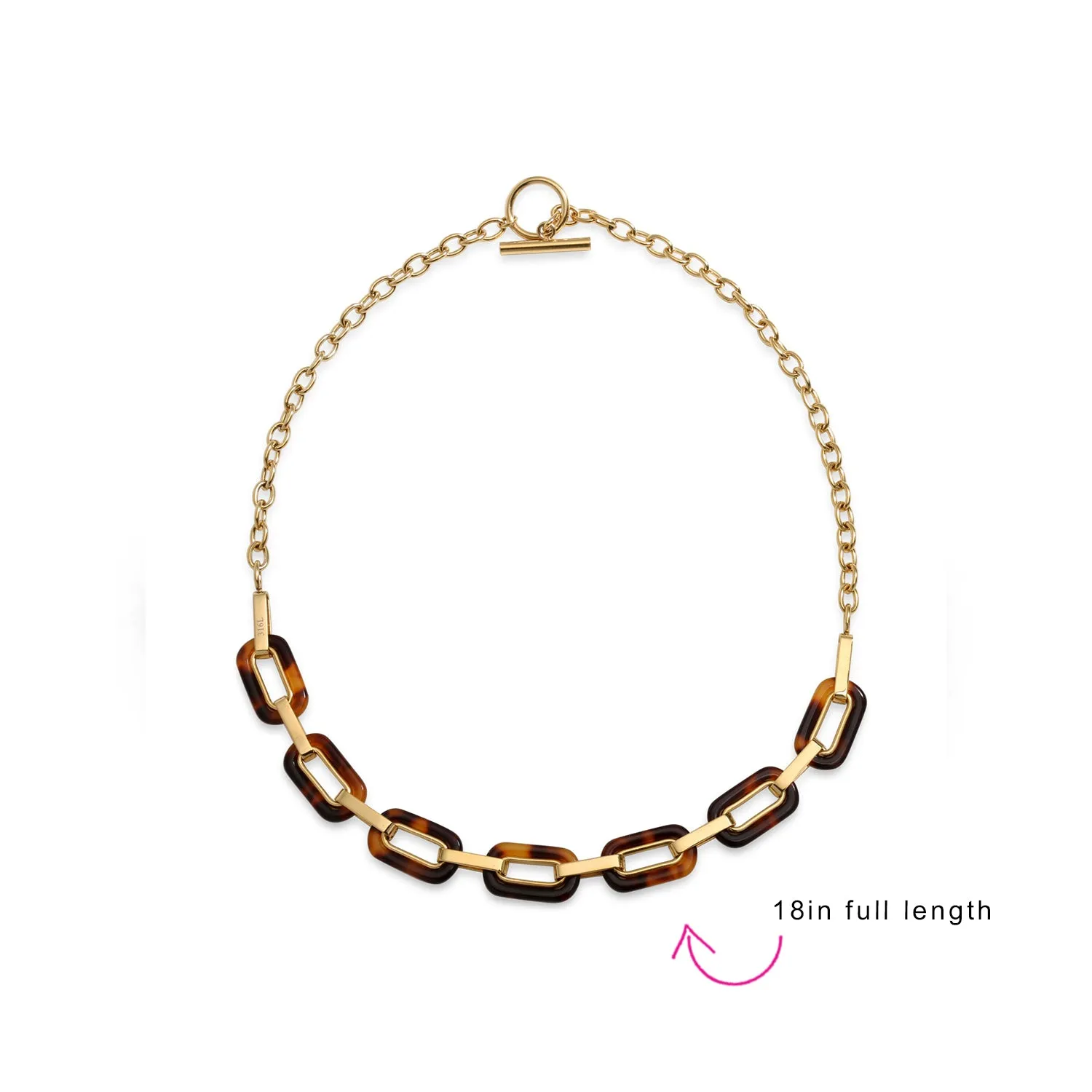 Fashion Golden Brown Oval Link Faux Tortoise Shell Necklace 14K Gold Plated Chain