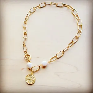 Gold Chain Necklace with Freshwater Pearls and Charm