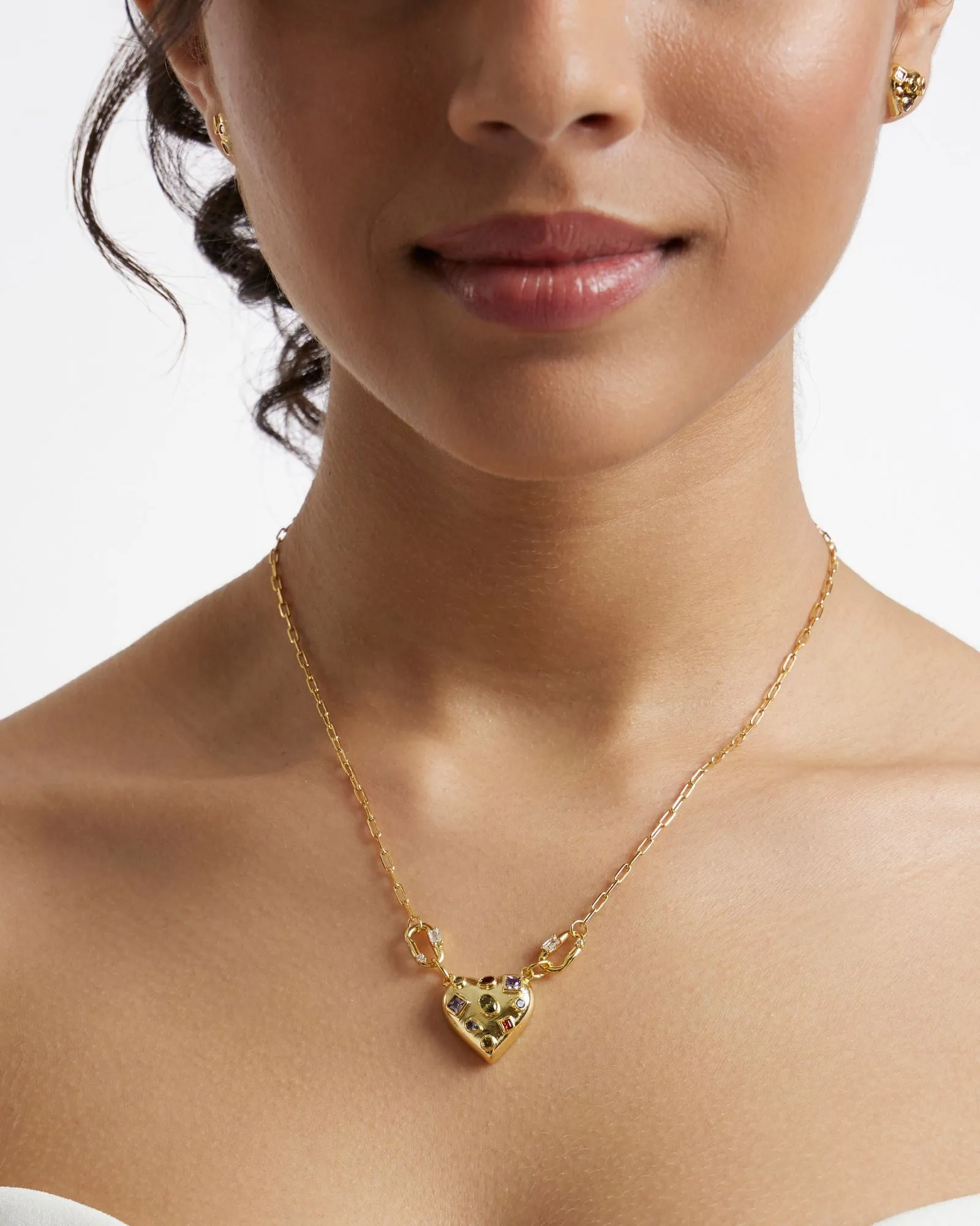 Gold Heart Pendant Chain with Earrings