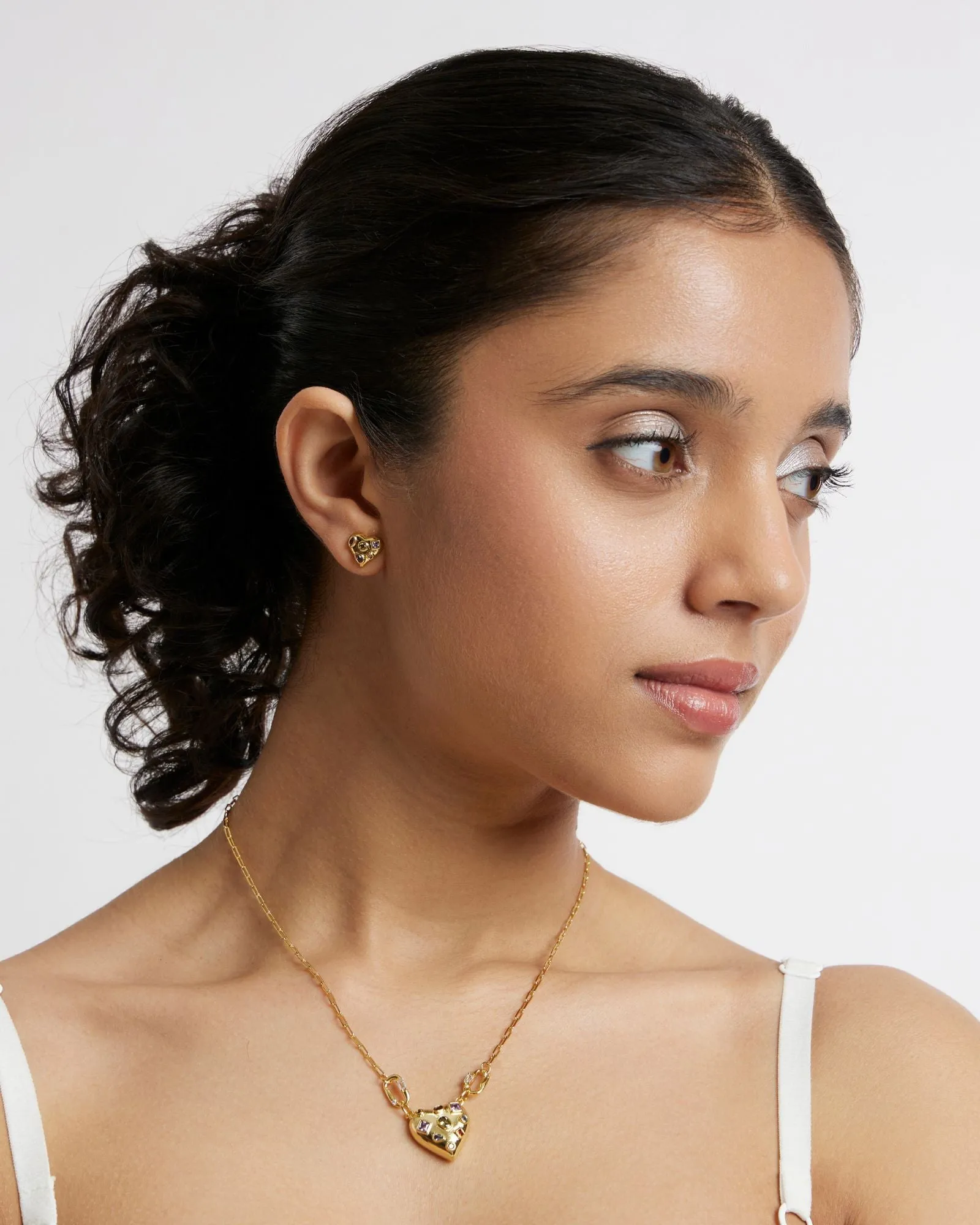 Gold Heart Pendant Chain with Earrings