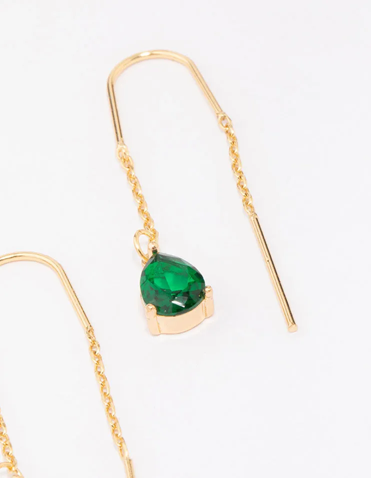 Gold Plated Cubic ZIrconia Emerald Threader Drop Earrings