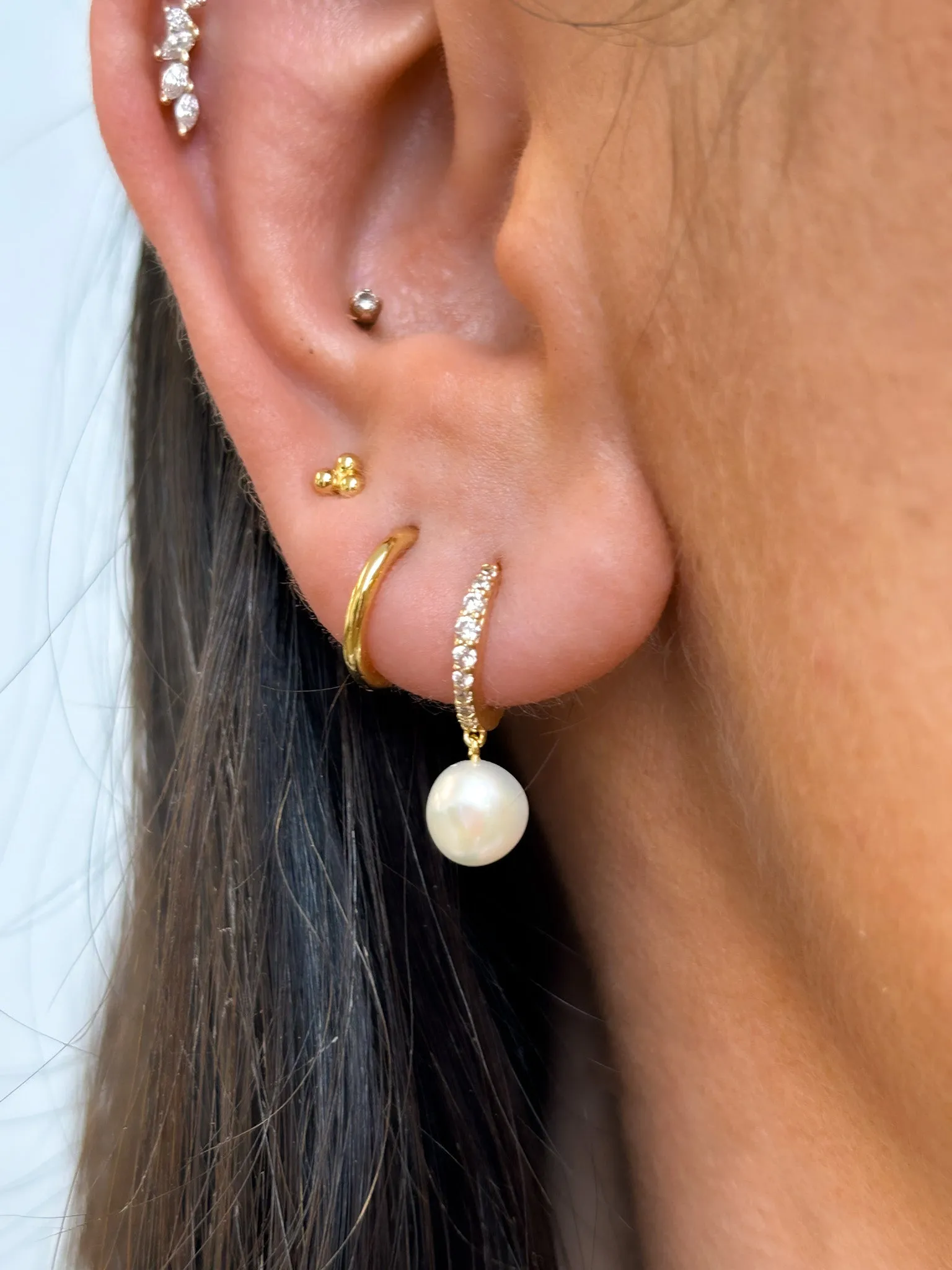 Golden Tapered Cz Hoops With Pearl Drop