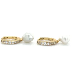 Golden Tapered Cz Hoops With Pearl Drop