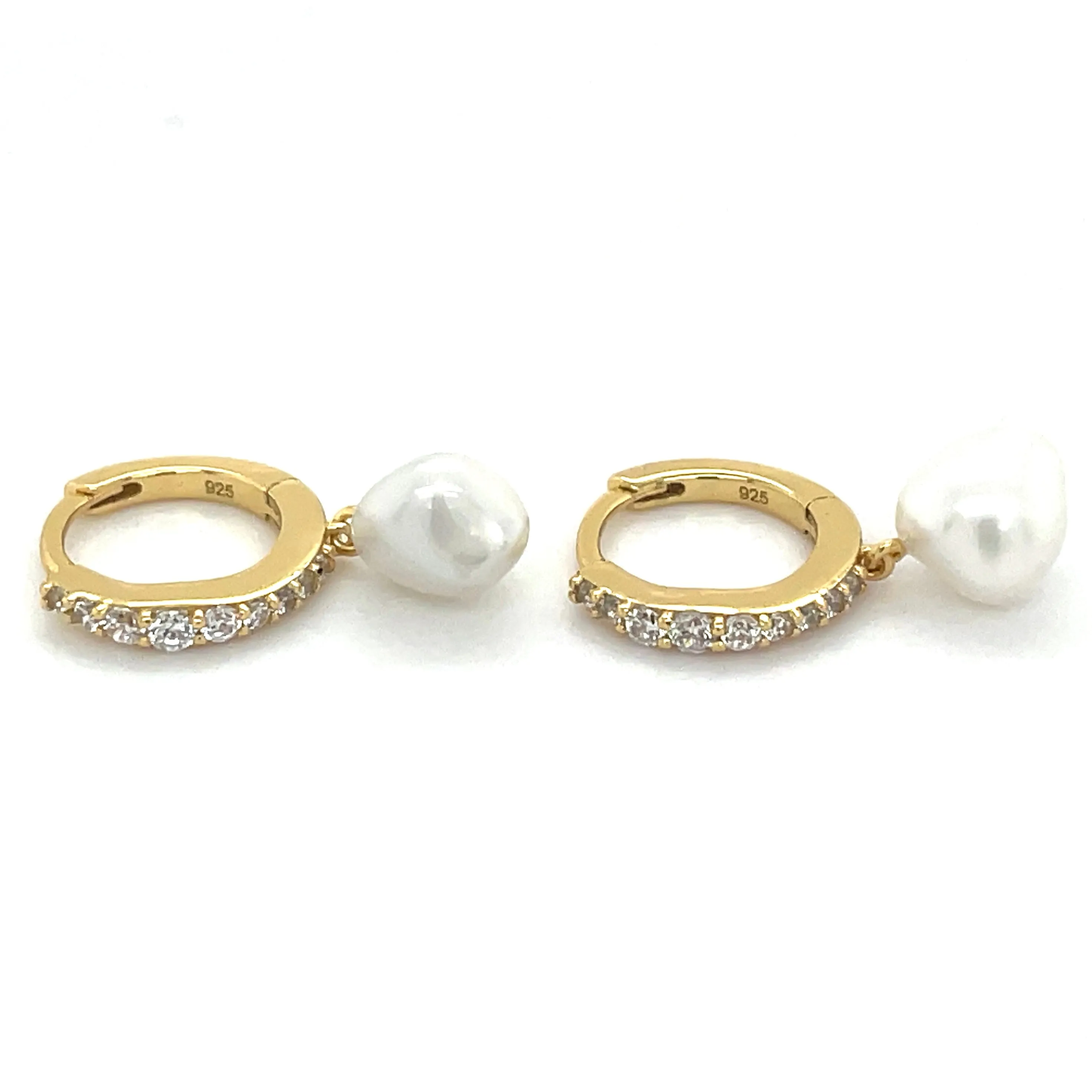 Golden Tapered Cz Hoops With Pearl Drop